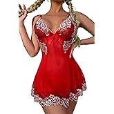 LOVESOFT Babydoll Lingerie for Women Sexy Lace V Neck Nightwear with G-String