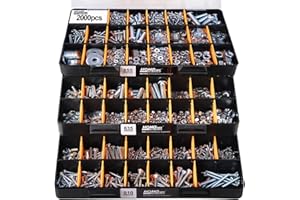HongWay 2000pcs Hardware Assortment Kit with 64 Sizes Bolts, Nuts & Washers Assortment and Metal & Wood Screw Organizer (3 Tr