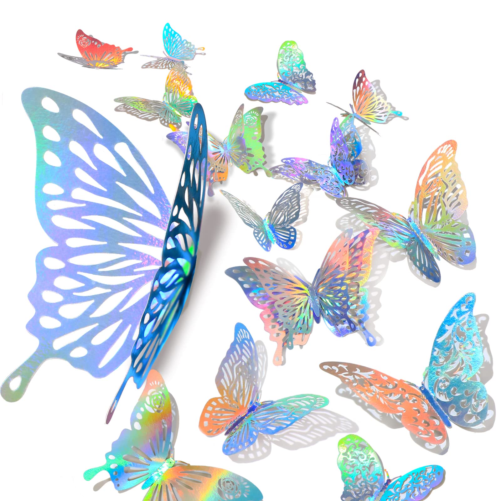 60 Pcs 3D Shiny Sliver Wall Stickers Decals ,Removable Butterfly Wall Decor Classroom Decor with Set 5 Style DIY Man Made Decorative Paper Murals for Nursery, Party Decor (Silver)