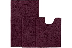 BYSURE Deep Burgundy Bathroom Rugs Sets 3 Piece Non Slip Extra Absorbent Plush Chenille Soft Washable Bath Rugs and Mats Set