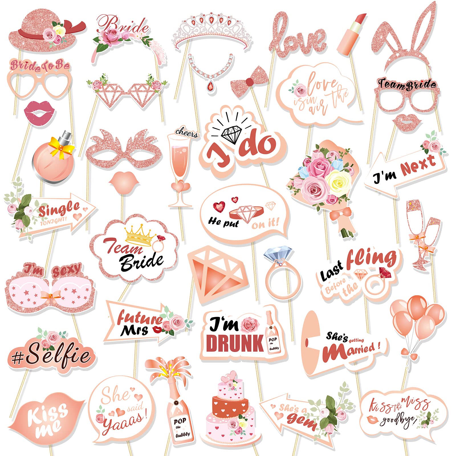 HOWAF 40pcs Hen Party Photo Booth Props Team Bride Selfie Props Rose Gold Wedding Bridal Shower Hen Night Do Party Game Accessories