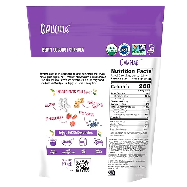 OATSOME BERRY COCONUT GRANOLA, NO SUGAR ADDED, GLUTEN FREE, 6G PROTEIN, MADE WITH WHOLE GRAIN ORGANIC OATS, COCONUT, STRAWBERRIES, BLUEBERRIES, FOR PROTEIN SNACKS CEREALS BREAKFAST YOGURT, 10 OZ BAG