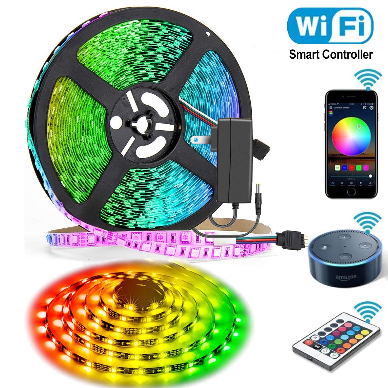 LED Strip Lights Built-in IC with App,16.4ft/5m WiFi Wireless Smart Phone Controlled Light Strip LED Kit 5050 LED Flexible-Lighting,Dream Color Chaning Rope Lights Kit with Adhesive for Home Kitchen