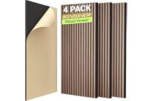 TONOR 4-Pack Acoustic Wood Veneer Wall Panels, 47.2” * 23.6” * 0.74” 3D Self-Adhesive Panel, Dual Layer Soundproof Tiles for Echo Absorption, Decorative Acoustical Barrier, Walnut Brown Veneer