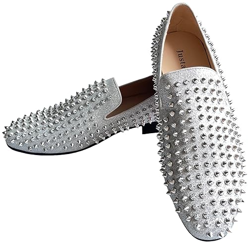 Justar Men's Leather Spikes Loafers Studded Dress Shoes Slip-on