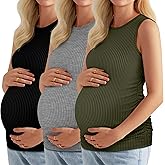 Neer 3 Pack Women's Ribbed Maternity Tank Tops Sleeveless Ruched Side Crew Neck Pregnancy T Shirts Basic Mama Clothes