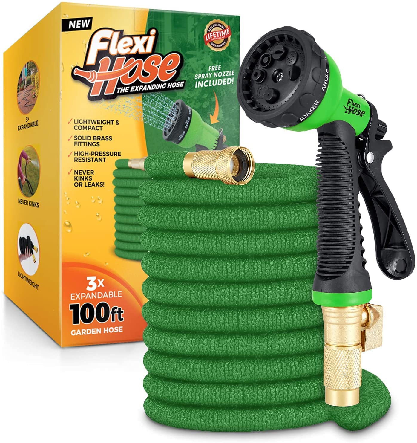 Flexi Hose Upgraded Expandable Garden Hose Pipe Including 8 Function Spray Gun Nozzle - Extra Strength with 2 cm Solid Brass Fittings - No-Kink Flexible Garden Hoses (Green 30 Metres)