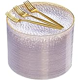 DaYammi 240Pcs Gold Plastic Plates Including 120Pcs Dessert Plates and 120Pcs Cake Forks,Hammered Party Plate,Clear Gold Appetizer plates Heavy duty Disposable Plastic Plate for Party Wedding Birthday