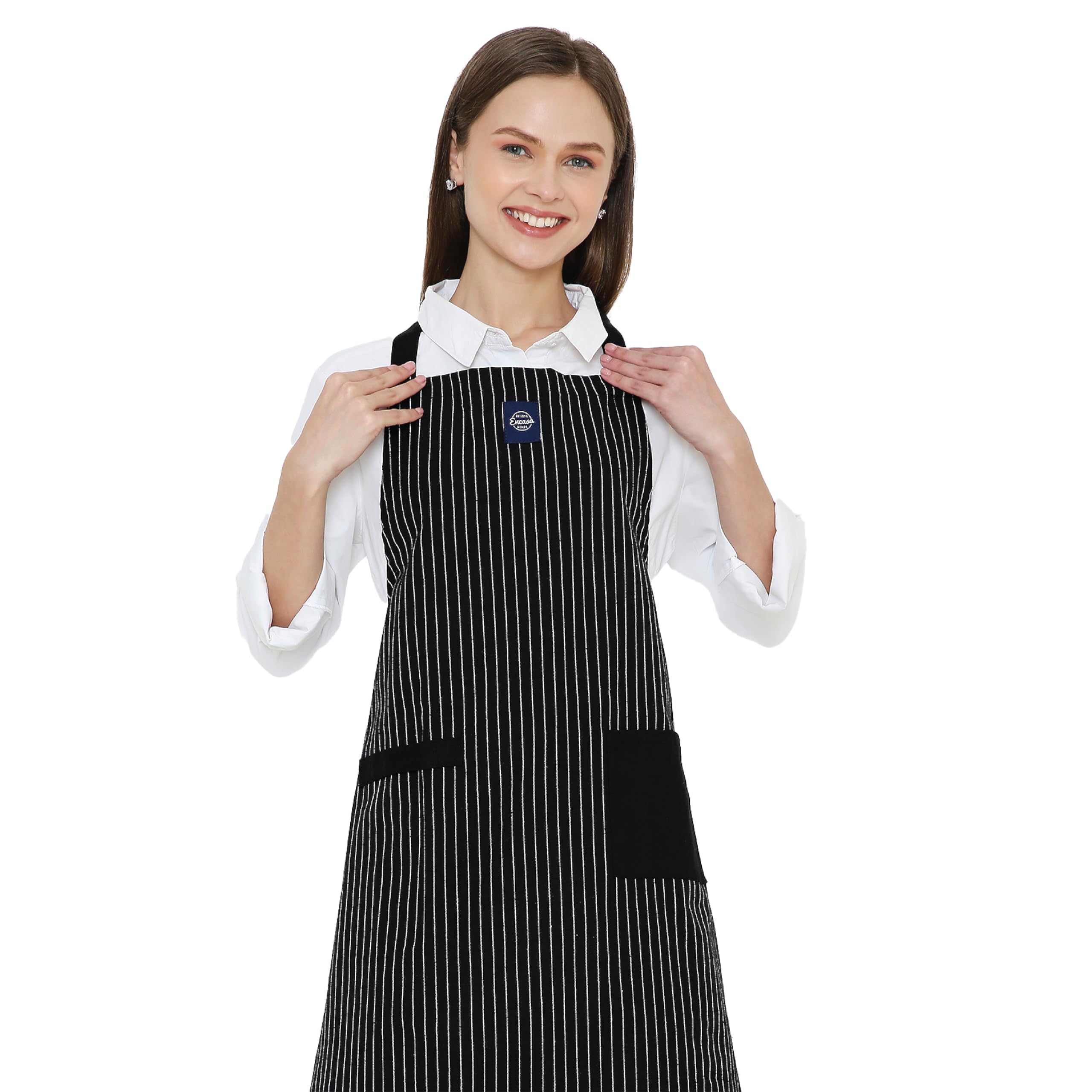 Encasa XO Adjustable Kitchen Cotton Apron With Pockets & Towel Holder Of Size 68x85 cm (Butcher Stripes Black) for Men & Women Chefs For Cooking & Baking in Home, Restaurants & Barbeque