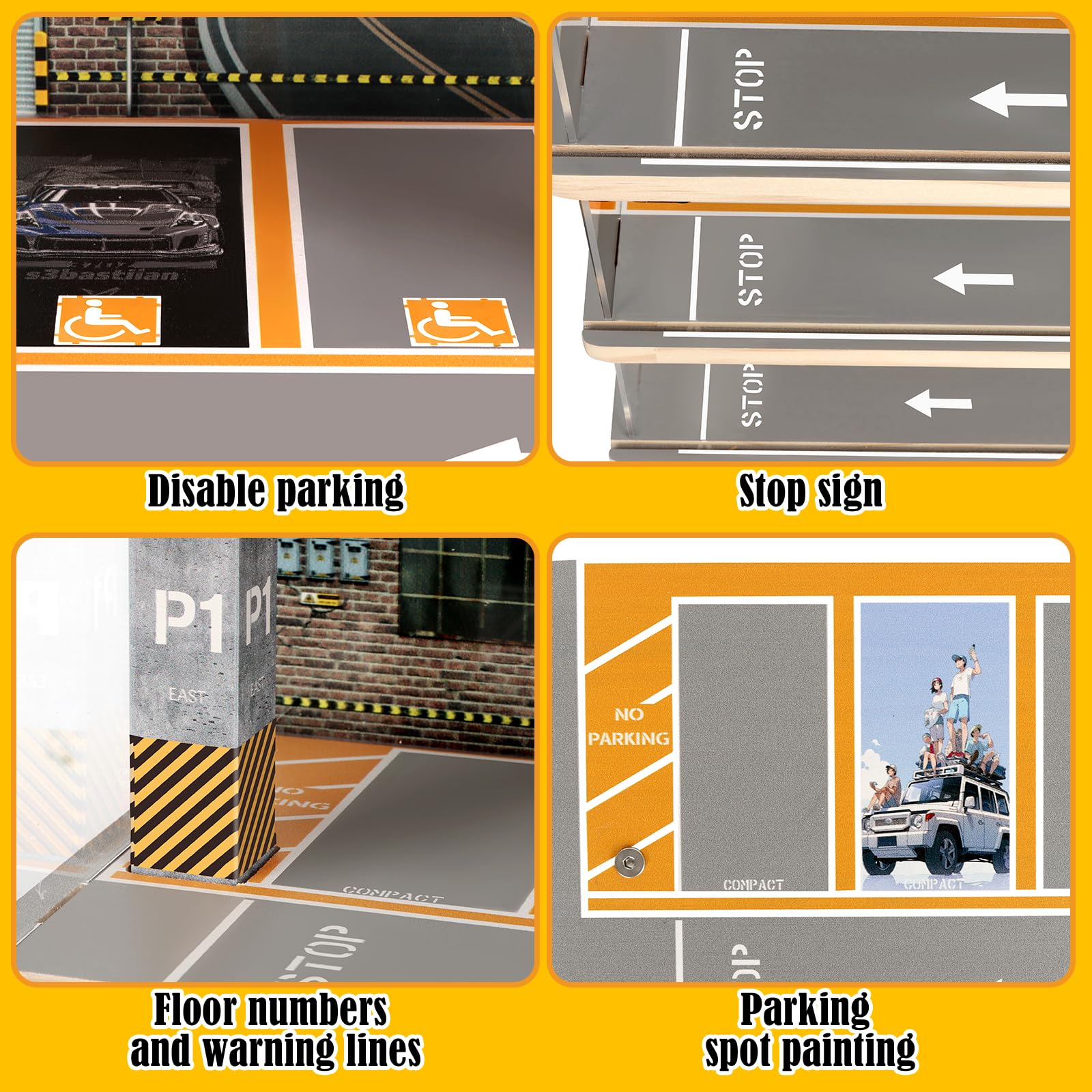 Saichotoy Storage for Hot Wheels: Toy Car Parking Garage Diorama with Lights - Freestanding Display Case for 1/64 Scale Diecast Cars with 4 Levels 24 Spots Maximum 40 Cars