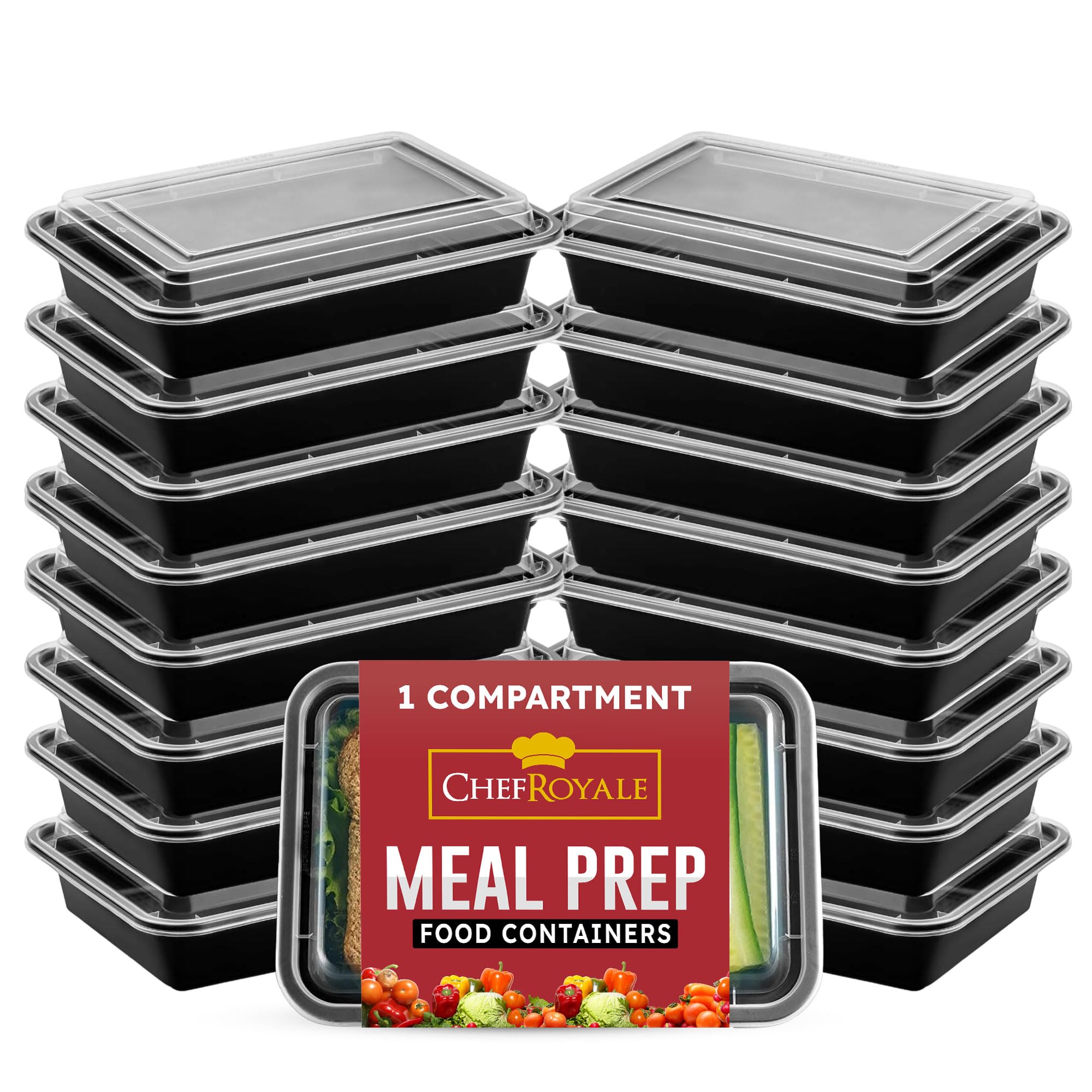 CHEF ROYALE [12 Pack x 58oz Large Rectangular Black Base Meal Prep Containers - BPA Free Storage with Airtight Lids-Microwave, Dishwasher Safe-Stackable Lunch Boxes - Reusable