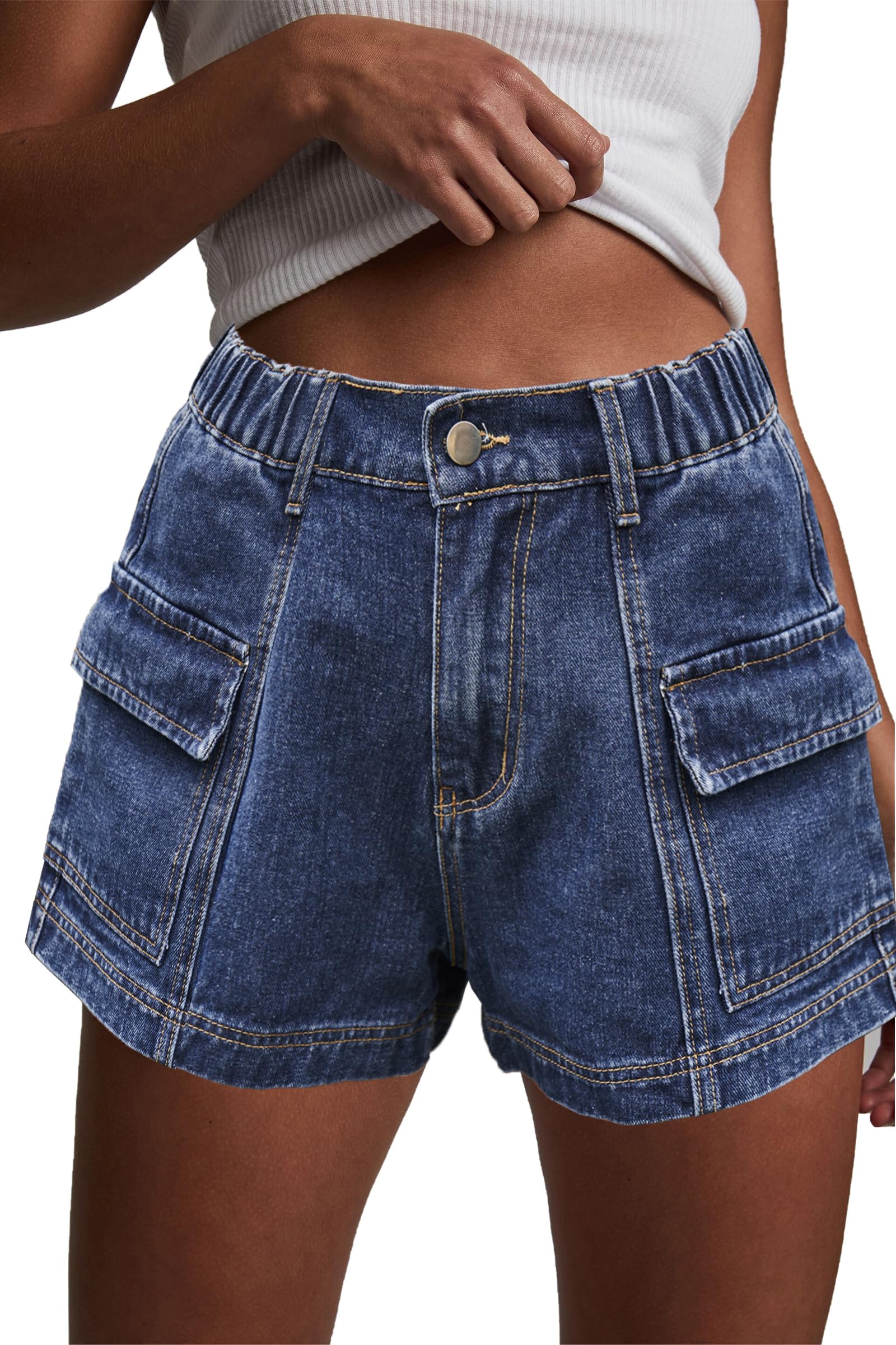 Photo 1 of *****MISSING BUTTON****HVEPUO Navy Blue Cargo Short Pants Women Y2K Jean Shorts Vacation Beach Boho High Waisted Button Up Denim Shorts Casual Shorts for Women Trendy Old Navy Blue L