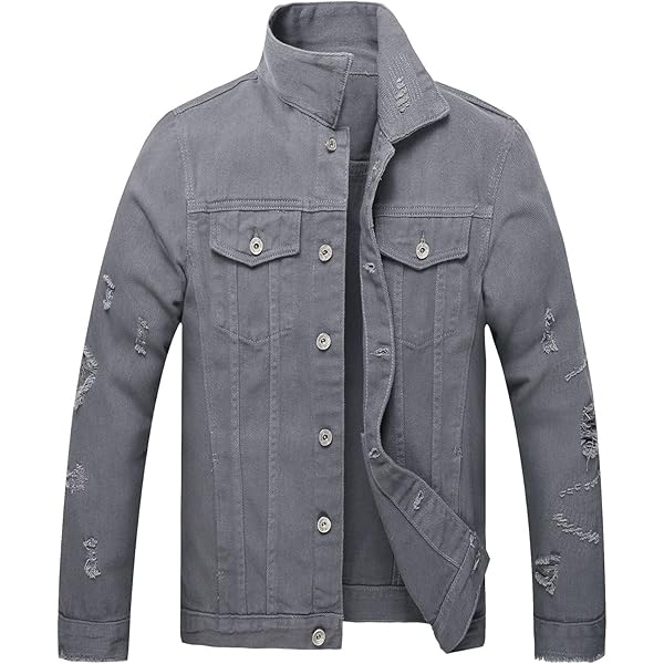 RANMCC Jean Jacket for Men Slim Fit Ripped Denim Jacket Coat (S
