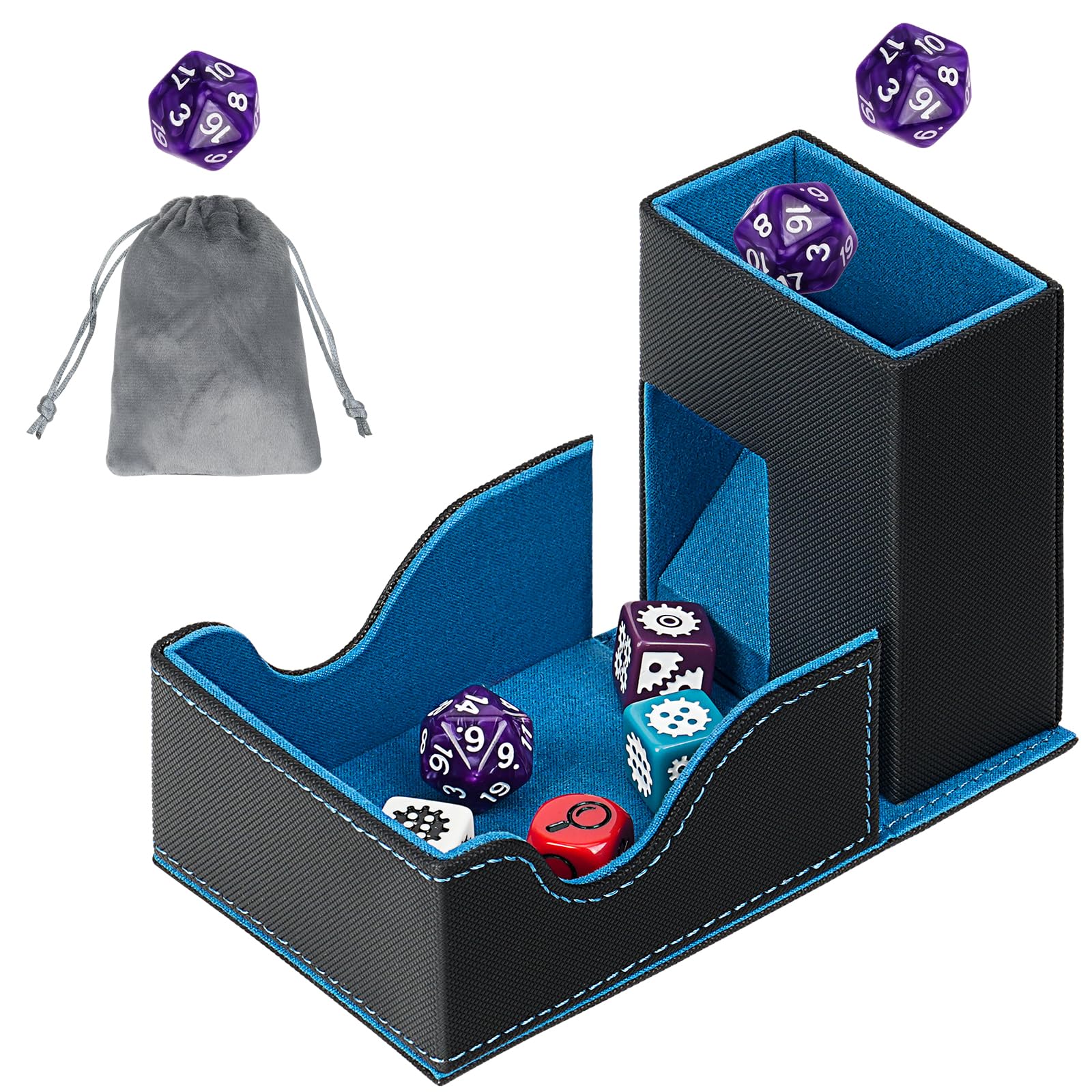 Jaffzora 3-in-1 Foldable Dice Tower & Magnetic Dice Storage Box, Premium Leather Dice Organiser with U-Shape Groove for D&D, MTG, RPG & Tabletop Games, Black & Blue