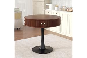 AKMAKM Dining Table Round for 2 Persons, 31.5 Inch Round Table with Metal Pedestal, Seamless Tabletop with Faux Woodgrain, 2 Sliding Doors, 4 Hidden Compartments, for Small Spaces, Apartments, Cafes, Walnut