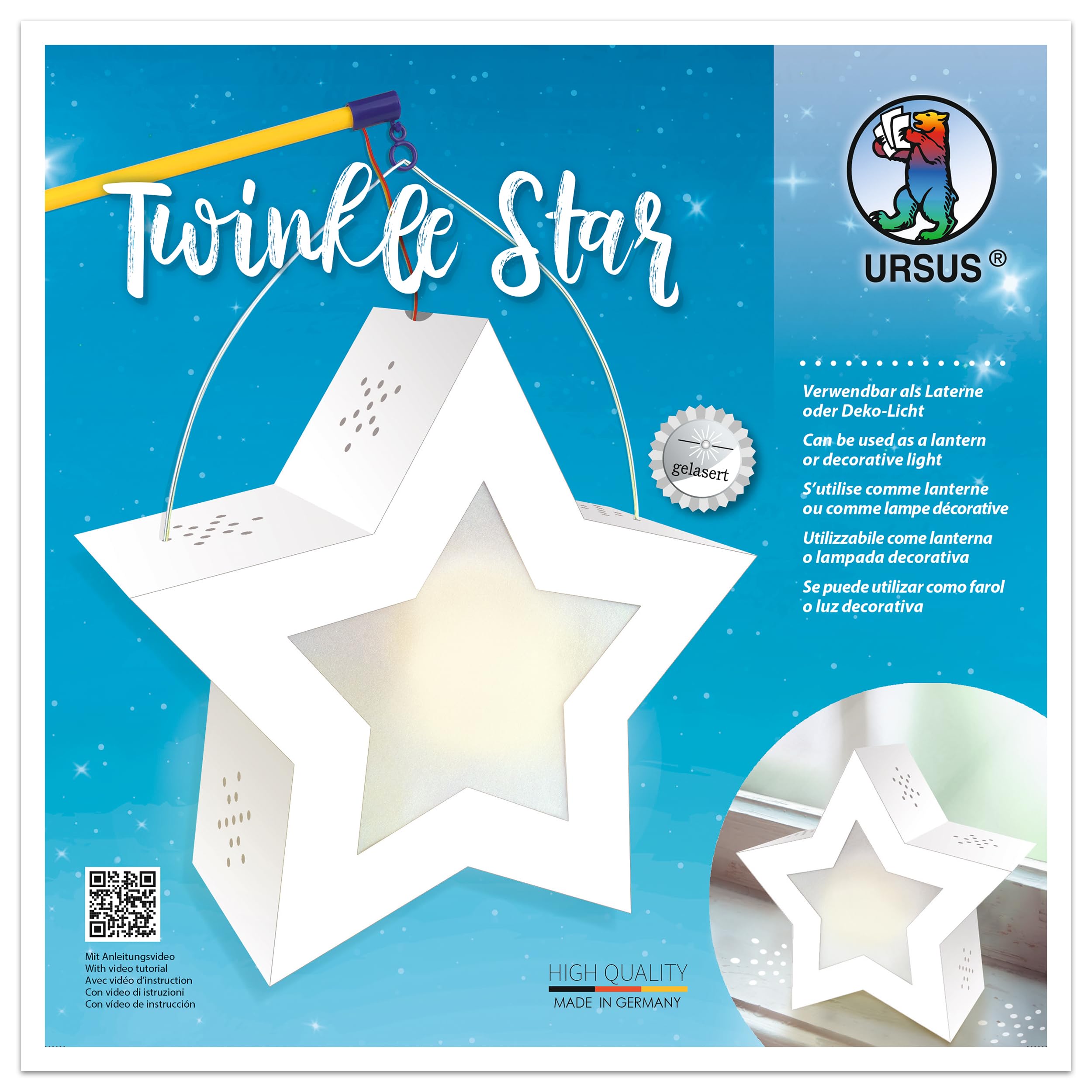 URSUS 18770002 Twinkle Star White Approx. 19.3 x 18.3 x 8 cm Lantern Blank Photo Card 300 Laser Cut and Grooved 2 Stars of Transparent Paper 115 g/m² Lantern Carry Handle 19.3 x 18.3 cm