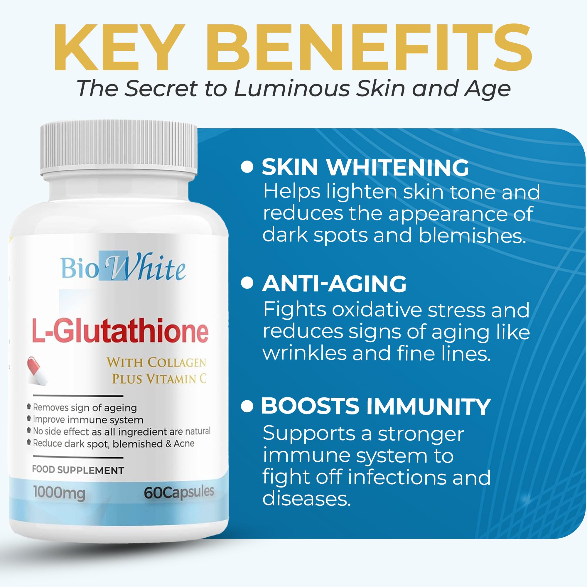Mua Bio White Glutathione Supplement - Natural Skin Whitening Anti-Aging  Benefits and Improves Immunity, L-Glutathione Pills for Men & Women - Pure  Antioxidant, 60 Capsules (1000mg) trn Amazon Anh chnh hng 2026 | Fado