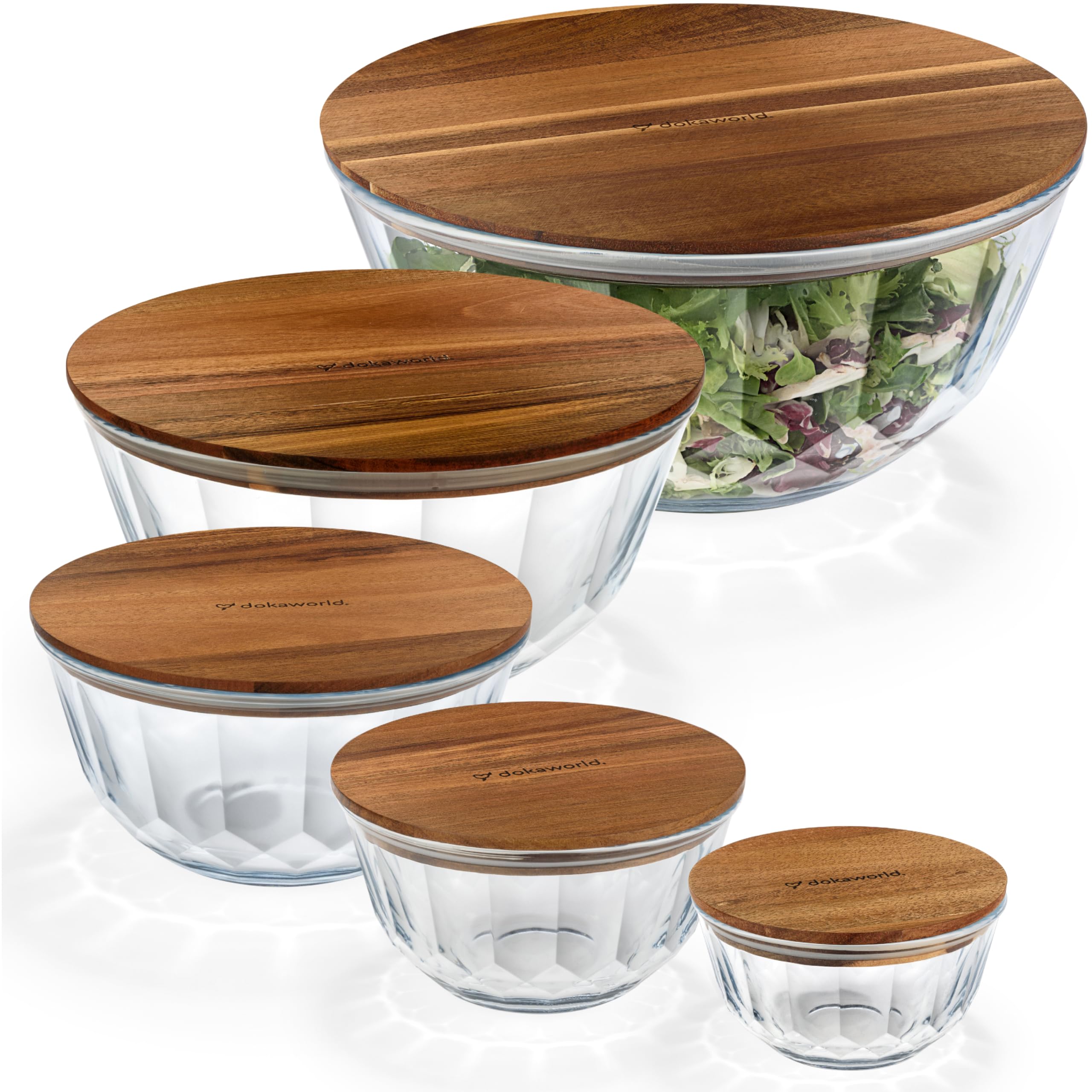Photo 1 of *TWO LIDS ARE MISSING*
   dokaworld Large Stackable Set of 5 Nesting Glass Bowls with Acacia Lids for Foodprep, Storage, Baking, Sourdough Mixing & Cooking. Microwave & Oven Safe Heat Resistant Inert Borosilicate Glass