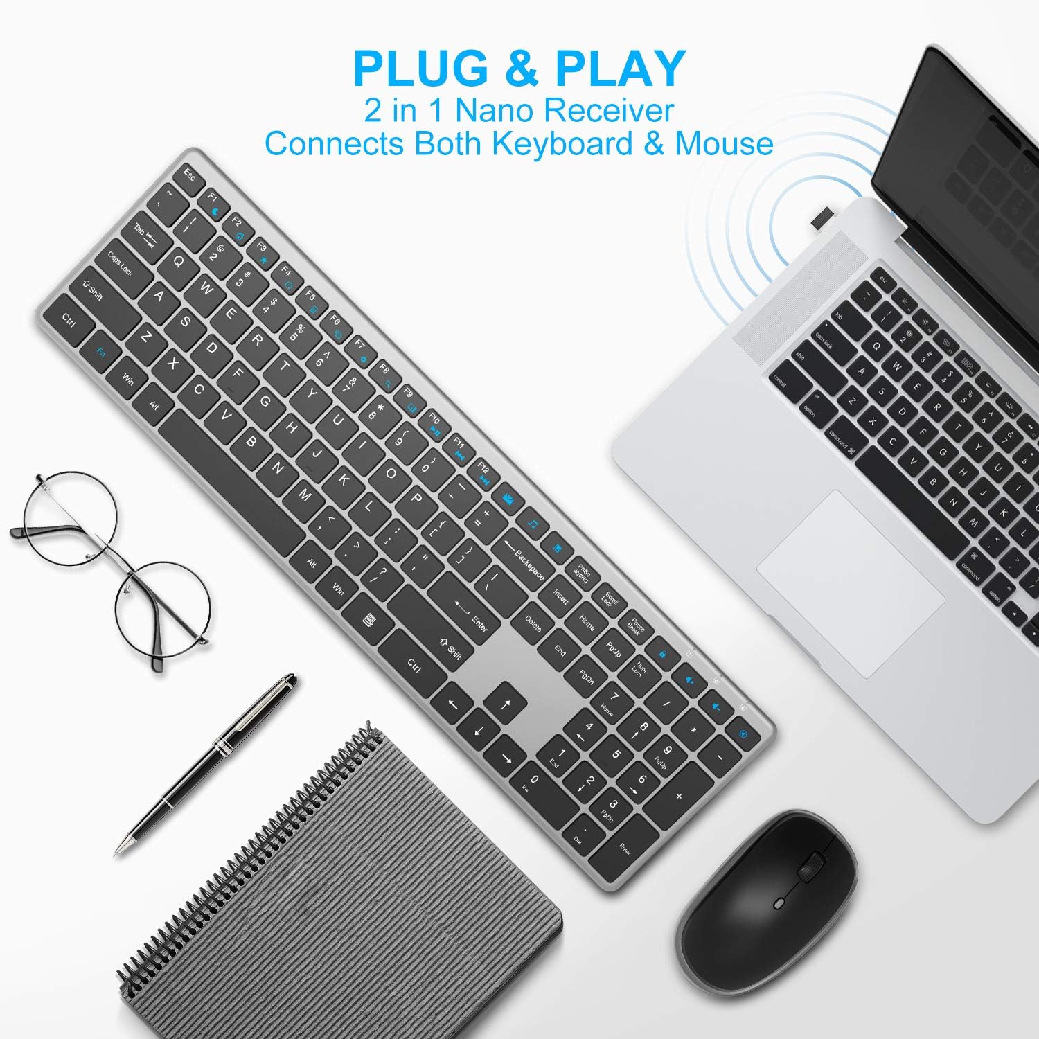 Wireless Keyboard and Mouse Combo, WisFox 2.4G Full-Size Slim Thin Wireless Keyboard Mouse for Windows, Computer, Desktop, PC, Laptop Mac: Computers & Accessories