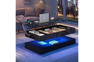 chartustriable 47.2" Large Lift Top Coffee Table with Charging Station, LED Modern High Glossy Center Table with Hidden Compartment Storage, Black Lift Living Room Tables with Marbling Print, Black