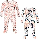 Vollmic Baby Girls Footie Pajamas 0-9 Months Rayon derived from Bamboo Floral Printed Sleepers for Newborn Girl 2 Packs