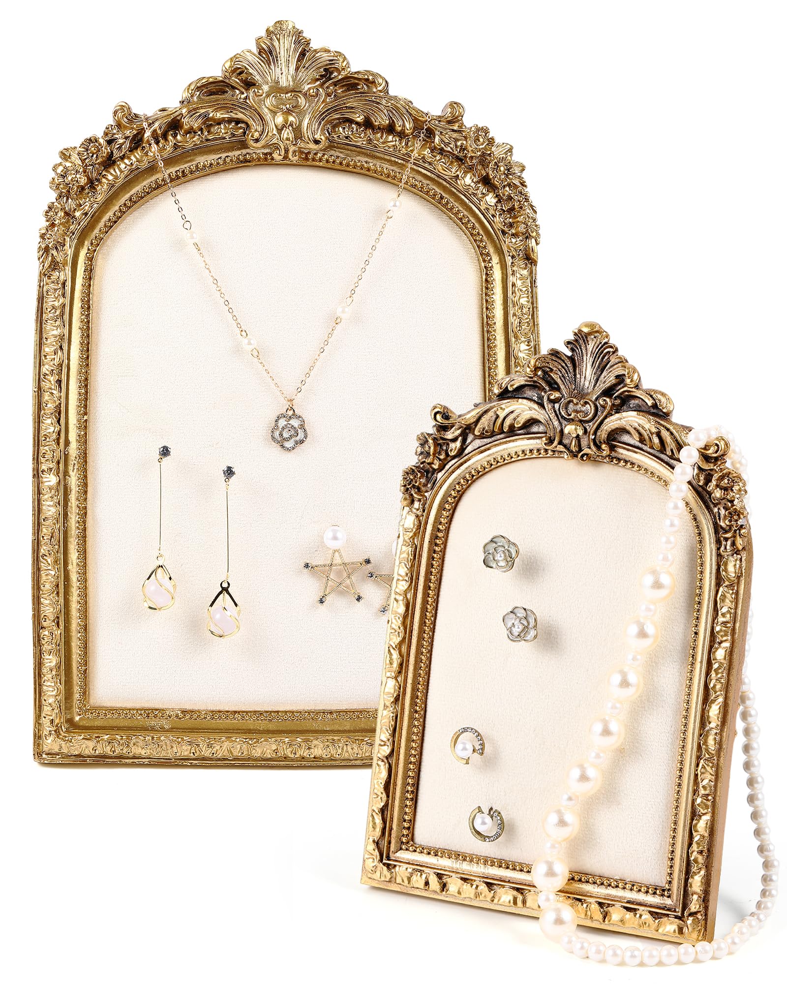 Photo 1 of Wonderjune 2 Pcs Gold Jewelry Display Stand Vintage Necklace Organizer Ring Holder Earring Tray Resin Jewelry Photography Props Frame with Velvet Backing for Gifts(White,Large,Small,Elegant)