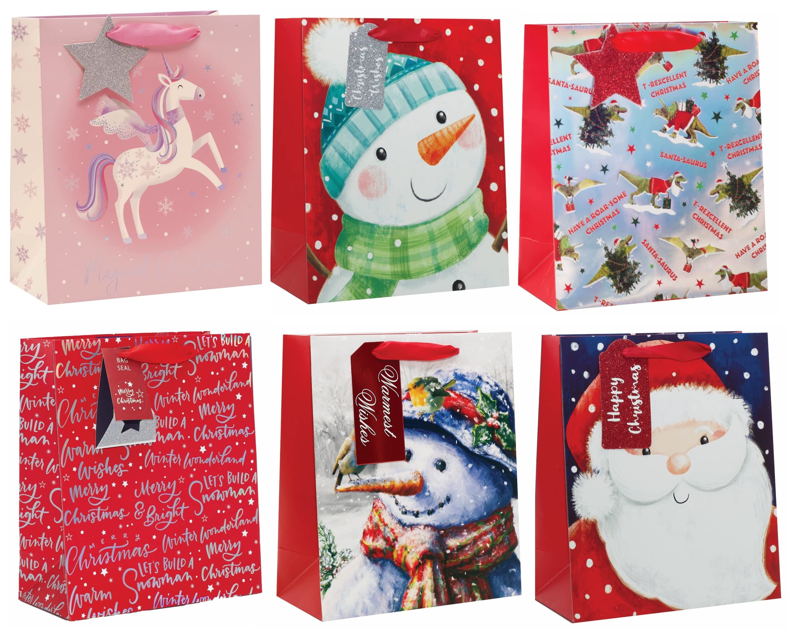 Cards Galore Online Set 6 Medium Bags Ribbon Handle & Tag - Mixed Cute Modern Designs 10x8