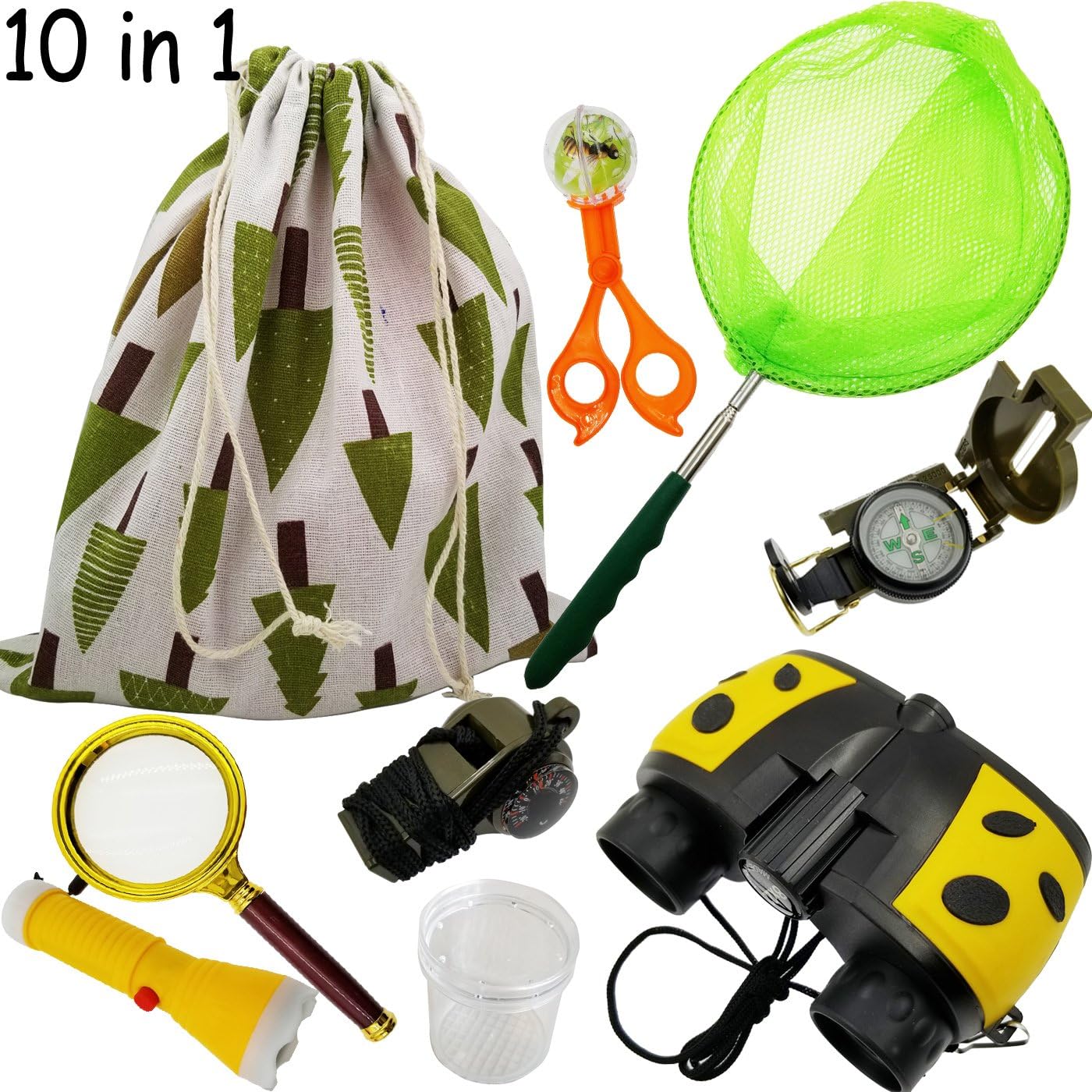 10 in 1 Outdoor Exploration Kit for Young KidsBinoculars, Magnifying Glass，Sweep net,Flashlight