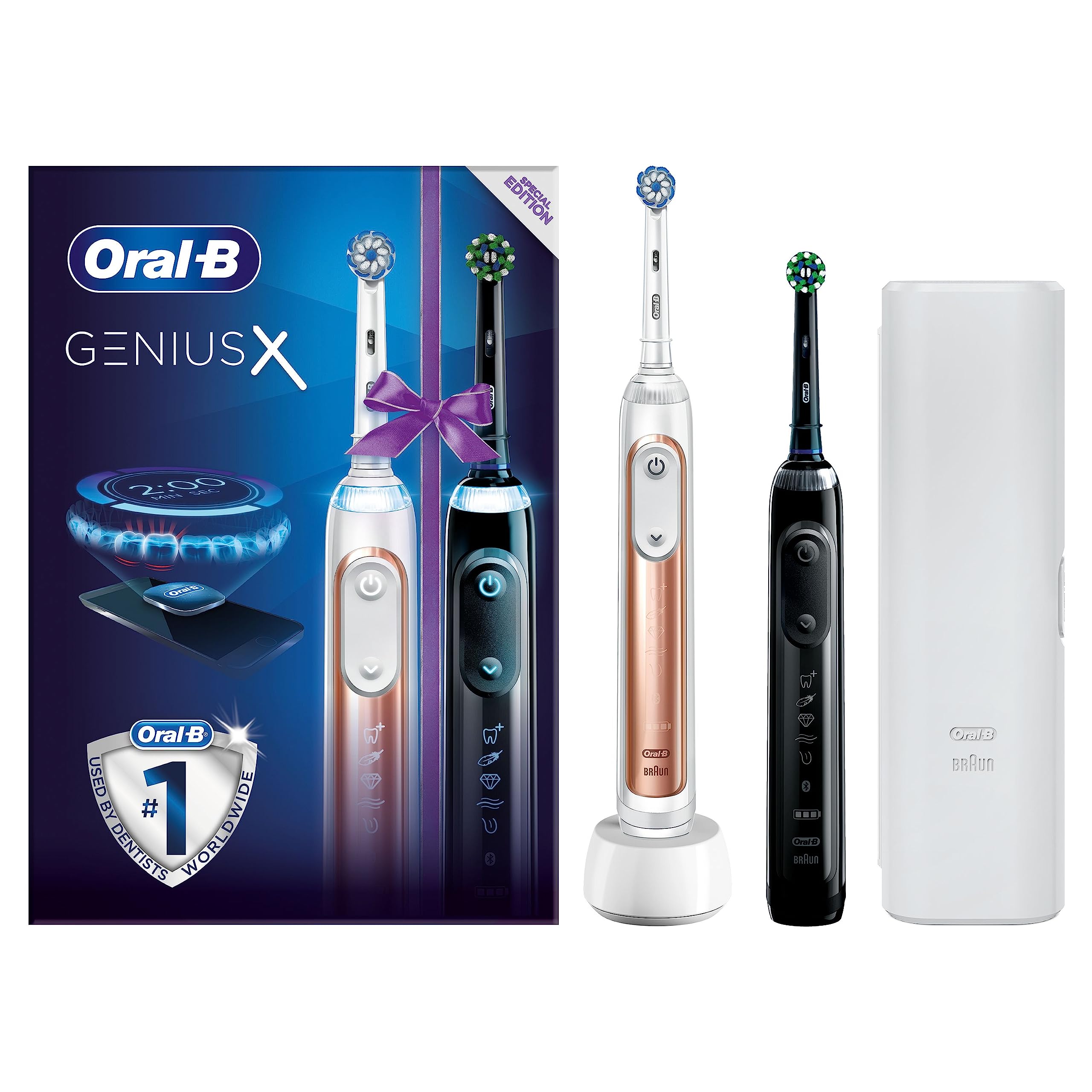 Oral-B Genius X 2x Electric Toothbrushes with Artificial Intelligence, App Connected Handles, 2 Toothbrush Heads & Travel Case, 6 Mode Display with Teeth Whitening, Gifts for Men/Women,2 Pin UK Plug