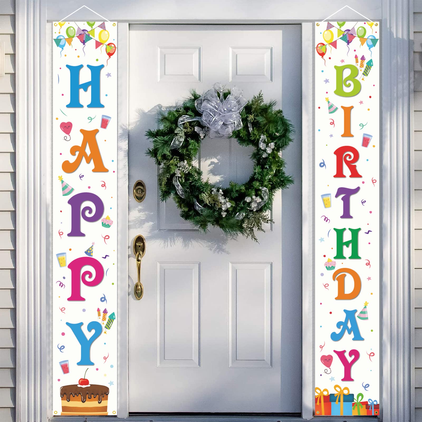 GRESATEK White Birthday Banner Decorations - Happy Birthday Door Banner Pull Flag Porch Backdrop Fabric Sign Party Supplies Indoor and Outdoor Background Decor for Kids, Child, Boys and Girls