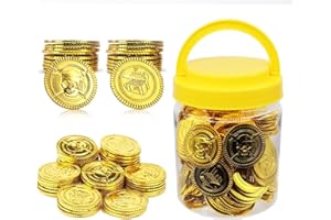 Mczxon Plastic Gold Pirate Coins 100 Pcs, Pirate Treasure Play Golden Toy Coins Bulk with Jar, Small Plastic Play Gold Prop Pretend Pirate Tokens Coins Toy for Kids Party