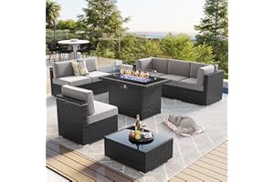 LayinSun 8 Piece Patio Furniture Set with 44" Propane Gas Fire Pit Table, Outdoor Sectional Conversation Set Wicker Rattan Sofa Set with Coffee Table