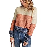 Dokotoo Womens Color Block Sweaters Long Sleeve Crewneck Pullover Knit Jumper Tops