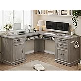 Farmhouse L Shaped Executive Desk with 4 Drawers, Home Office Desk with Hidden Under-Desk Storage Shelf and Charging Station, File Cabinet Storage, Wood Corner Computer Desk for Work and Study(Grey)