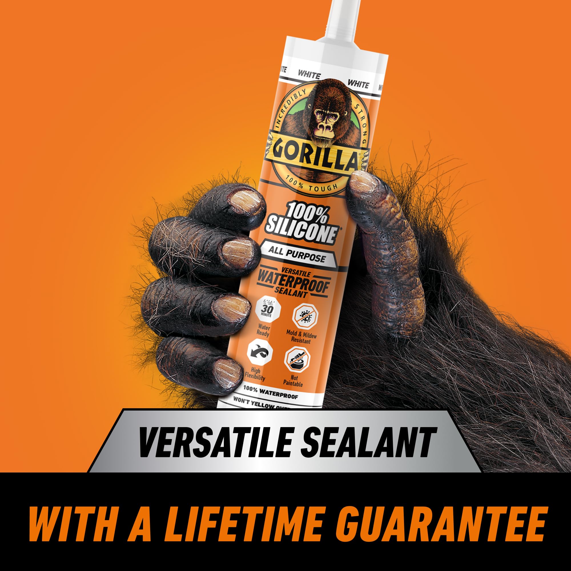 Gorilla Waterproof Caulk & Seal Silicone Sealant, 10oz Cartridge (Pack of 1) - White Caulking Sealant for Kitchen, Window, Bath, Marine, Door and More