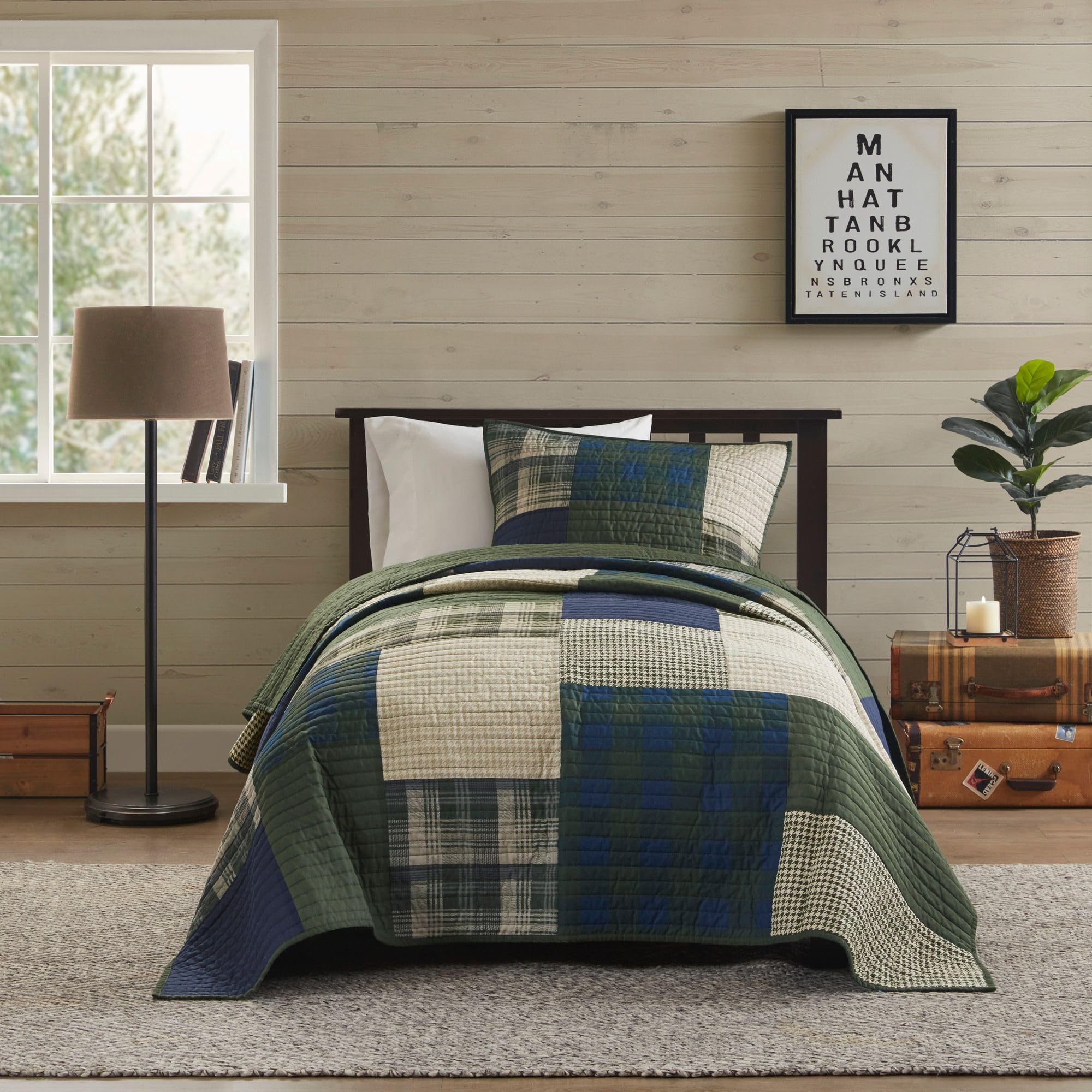 Photo 1 of Woolrich Quilt Set Patchwork Channel Quilting, Cottege Coverlet for Twin Size Bed All Seasons, Lightweight Prewashed Cotton Coverlet Bedspread, Shams, Mill Creek, Oversized Twin/Twin XL Green 2 Piece
