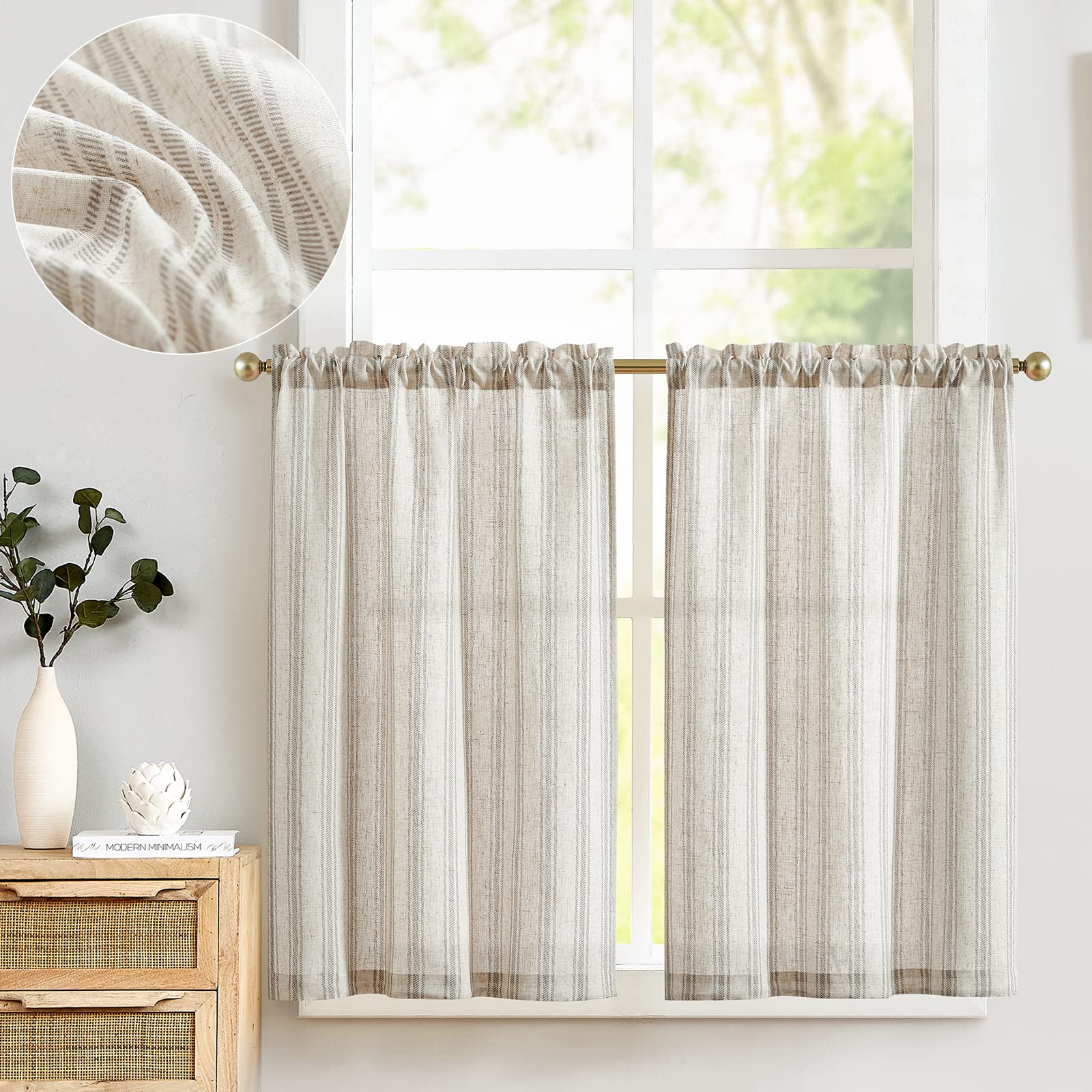 TOPICK Linen Striped Cafe Curtains - 24 Inch Drop, Small Window, Translucent, Ticking Stripe, Light Filtering, Grey Stripe, 2 Panels for Farmhouse Bathroom, Laundry — image 1