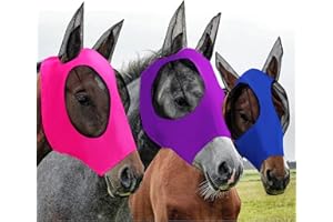 Weewooday 3 Pcs Horse Fly Masks for Horses Fly Masks with Ears Smooth and Elasticity Fly Mask with UV Protection(Purple, Royal Blue, Pink, M)
