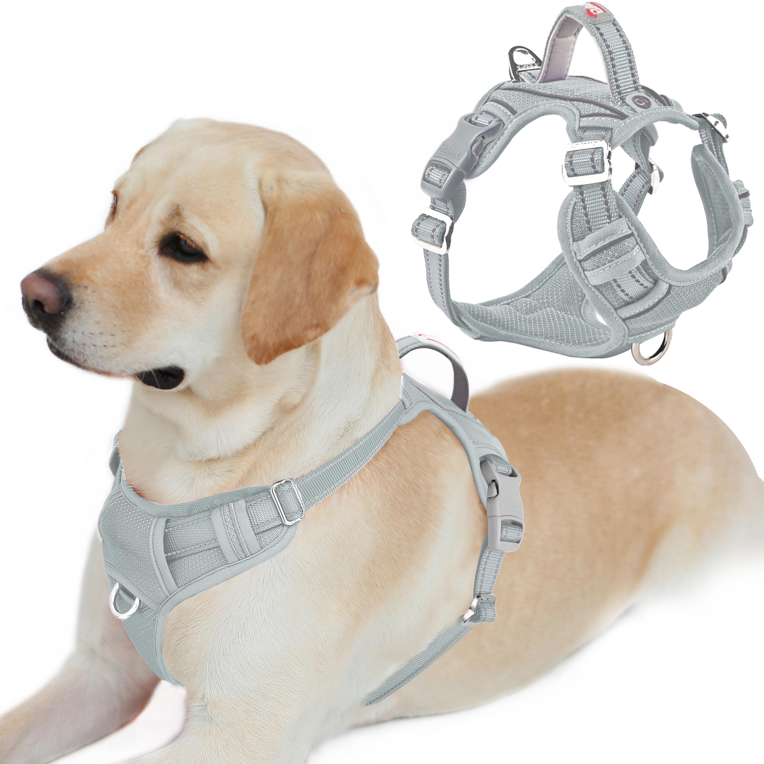 BARKBAY No Pull Dog Harness Front Clip Heavy Duty Reflective Easy Control Handle for Large Dog Walking with ID tag Pocket(Grey,L)