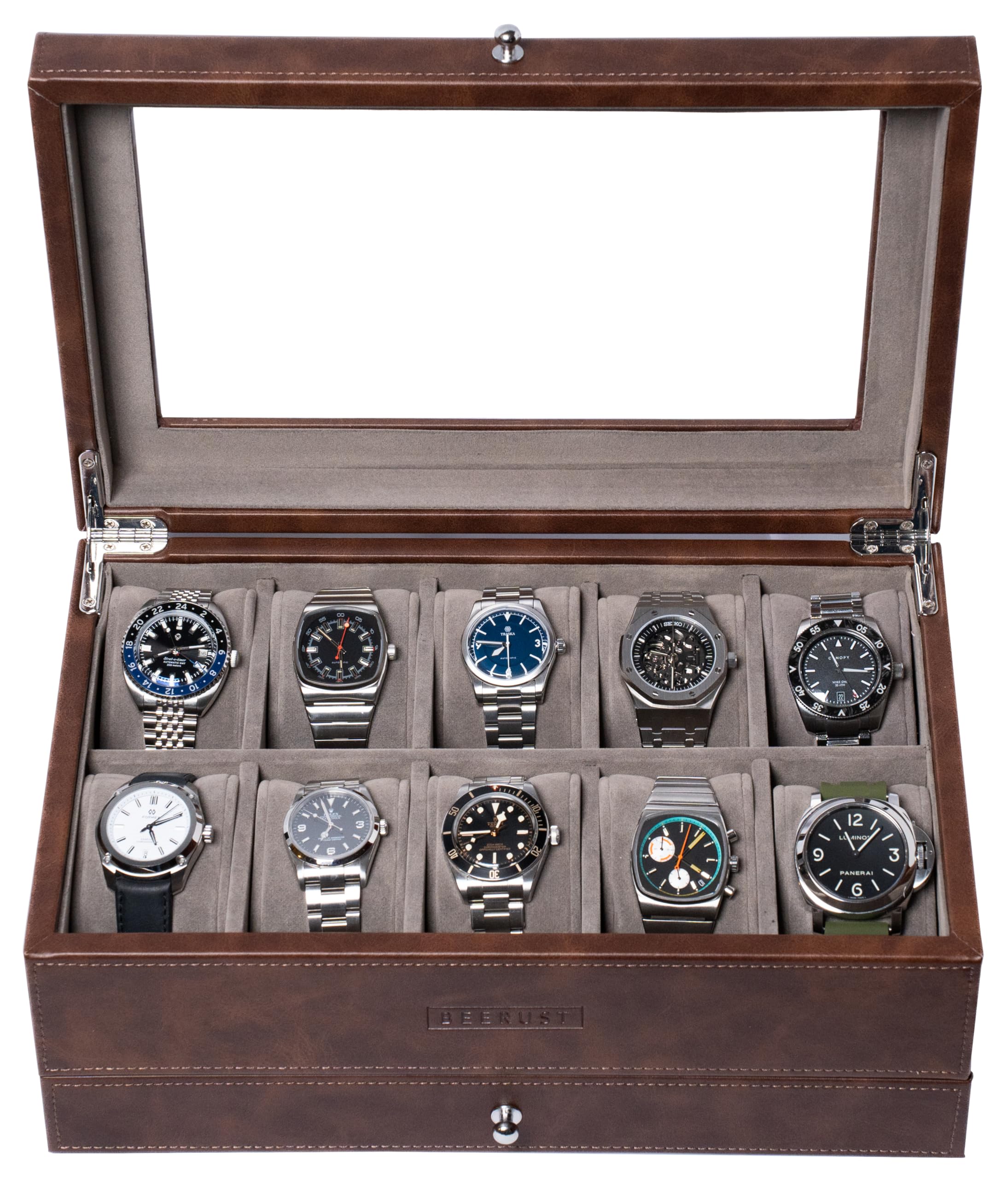 BEERUST 10 Slot Leather Watch Box Organizer for Men - Display Case with Valet Drawer - Ideal for Large Wrist Watches and Jewelry
