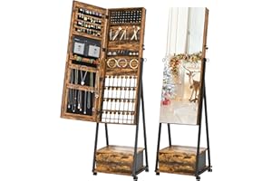 TJYGO Mirror Jewelry Cabinet Standing, Full Length Mirror Jewelry Armoire with Wheels, 360° Rotating Jewelry Storage with Drawer, Lockable Jewelry Organizer for Girls