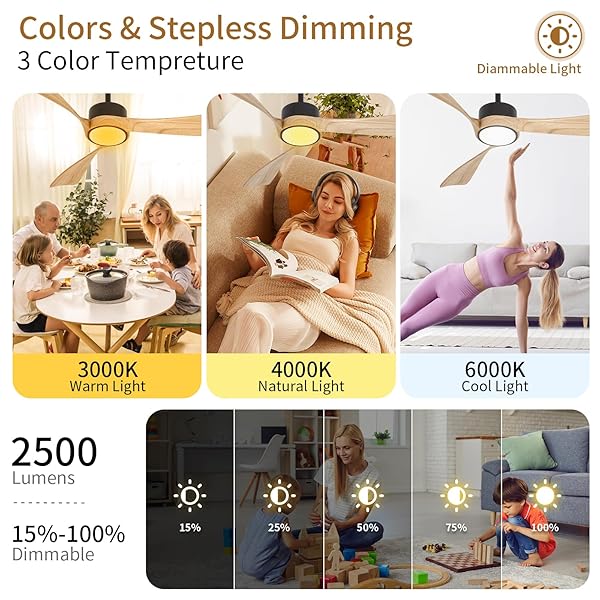 CEILING FAN WITH LIGHTS,52 INCH WOOD CEILING FANS WITH REMOTE CONTROL,DIMMABLE LIGHT,3 CCT,6 SPEEDS,NOISELESS DC MOTOR,2 DOWNROD,CEILING FAN FOR BEDROOM,LIVING ROOM,OFFICE,INDOOR,NATURAL WOOD GRAIN