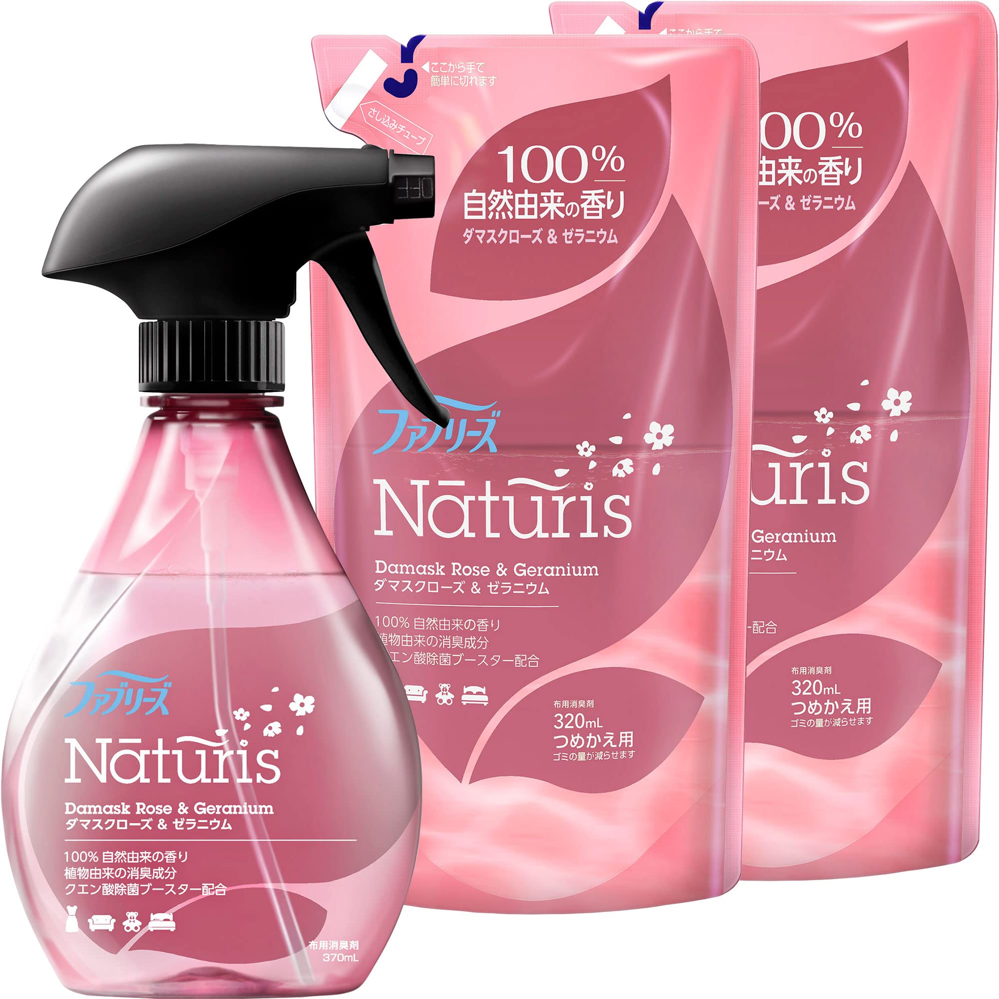 【まとめ買い】 ファブリーズ ナチュリス 除菌消臭スプレー 布用 ダマスクローズ&ゼラニウム 本体 370mL + 詰め替え 320mL×2個 3個アソート商品画像