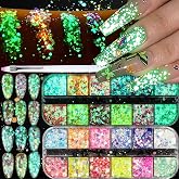 Fluorescent Nail Glitter Sequins Set for Gel Nails, Halloween Flakes Decor | 12 Colors Glow In The Dark Nail Glitter Sequins, Iridescent Luminous Effect Hexagon Flakes Powder For Acrylic Nails Resin