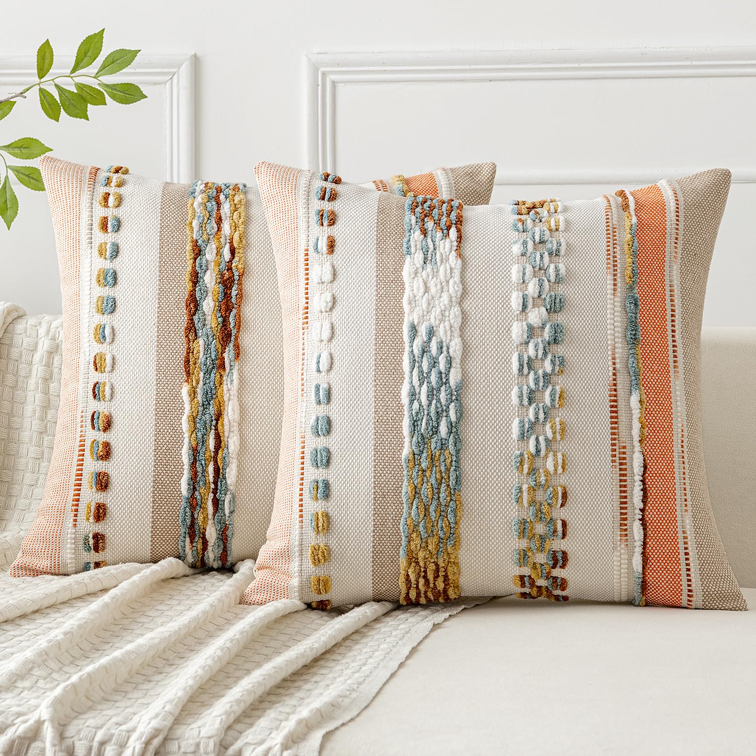 Photo 1 of Woaboy Blue-Brown Boho Throw Pillow Covers Set of 2 18x18 Inch Decorative Cushion Cases Multicolor Striped Chenille Pillow Covers Accent Pillowcase for Sofa Couch Bed