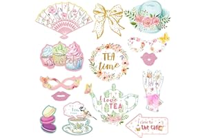 SUNBEAUTY 14 Pcs Tea Party Photo Booth Props Tea Party Decorations Alice in Wonderland Party Supplies Garden Party Bridal Shower for Girls Women
