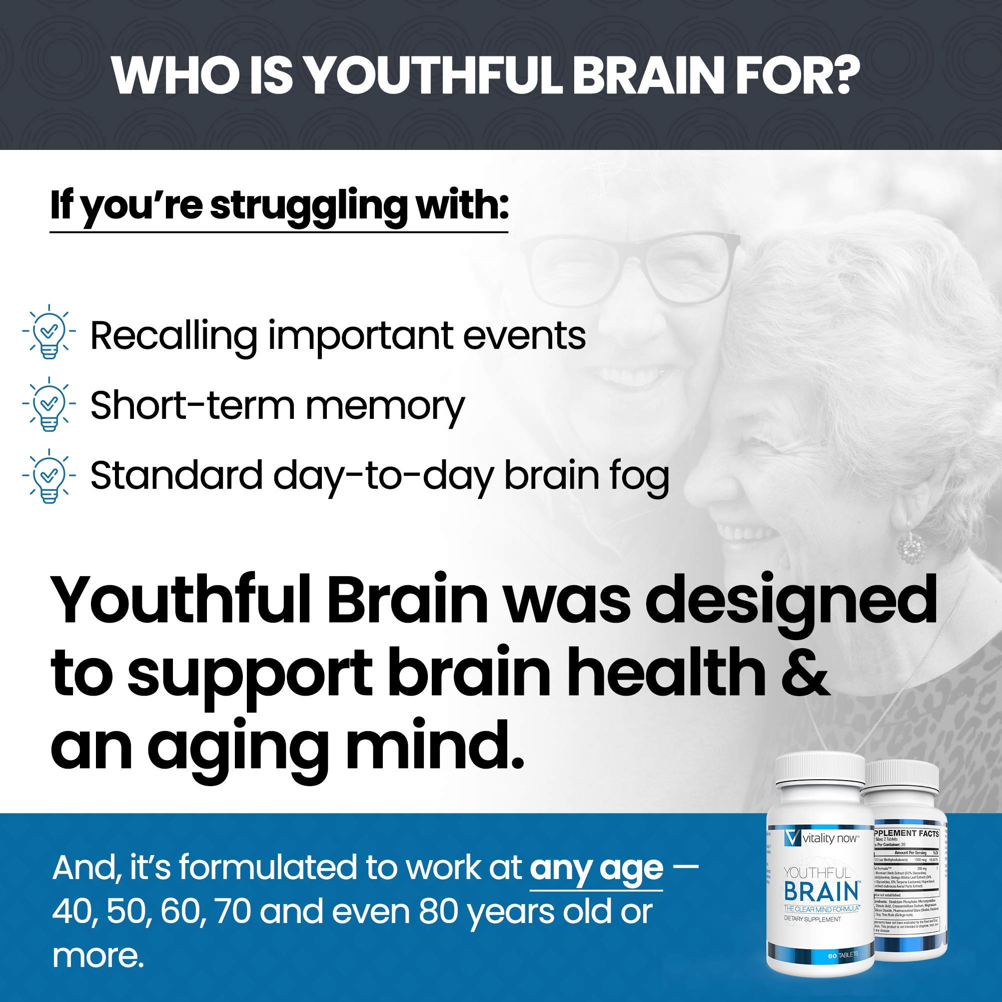 Vitality Now Youthful Brain 4 Bottle Bundle - Memory & Brain Health Support Supplement - Brain Booster Clarity with Bacopa Monnieri, Ginkgo Biloba, B12-120-Day Supply (240 Count)