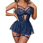 Avidlove Sexy Lingerie for Women Naughty Lace Bodysuit Lingerie Skirt Set Teddy Babydoll Nightgown with Garter Belt Navy Blue