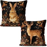 CosxHabitat Vintage Floral Bunny Deer Pillow Covers 18x18 Set of 2, Deers Lover Gifts, Dark Cottagecore Botanical Wildflower Sika Deer Decorative Throw Pillow Covers for Home Bedroom Living Room