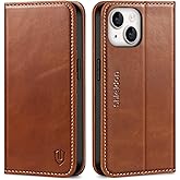 SHIELDON Case for iPhone 14 6.1" 2022, Genuine Leather Folio Wallet Case Magnetic Closure RFID Blocking Credit Card Slots Kickstand Full Protection Cover Compatible with iPhone 14 - Retro Brown